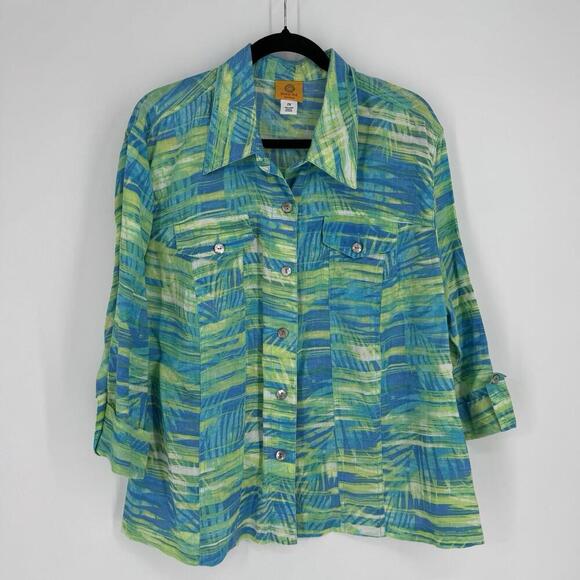 Ruby Rd top 2x blue green linen button plus size relaxed summer beachy cruise - Picture 1 of 4